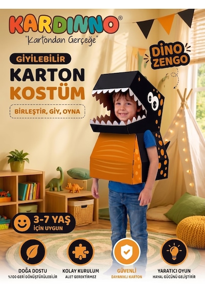 Kardinno Dino Zengo Eğitici Oyuncak Karton Giyilebilir Çocuk Kostümü Etkinlik Parti Kostümü Siyah