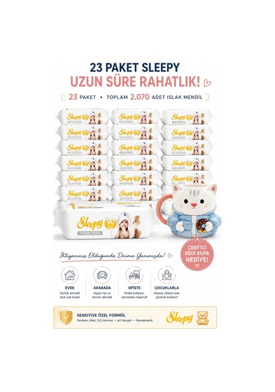Sleepy Sensitive Islak Mendil 90'lı x 23 Paket + Rosie Ceketli Kedi Kupa Tekli