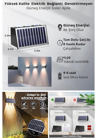 Trendpoint 2adet Solar Çift Taraflı 6ledli Aplik Sarı Işık Duvar Lamba Bahçe Aydınlatma Güneşle Şarj