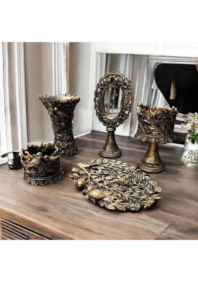 Dekoratif Polyester Kuşlu Beşli Salon Konsol Seti Gold Eskitme
