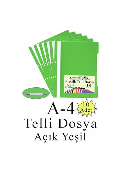 Telli Dosya Plastik A4 10 Lu 1 Paket Poşet Dosyalara Uyumlu Ekonomik Kaliteli Şeffaf Kapak Telli Dosya Okul Büro Ofis Açık Yeşil