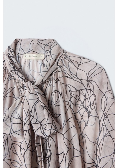 Sateen Desenli Fularlı Bluz - Siyah-137629