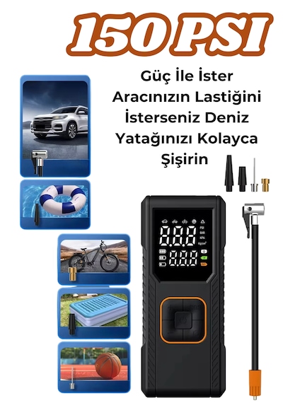 Dijital Göstergeli Led Işıklı Taşınabilir 4500mah Araç Lastik Şişirme Hava Kompresörü Siyah