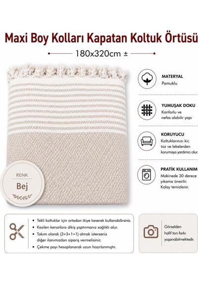 Pamuklu Kaymaz Hasır Dokuma Maxi Boy Kolları Örten Koltuk Örtüsü 180x310 - Bej