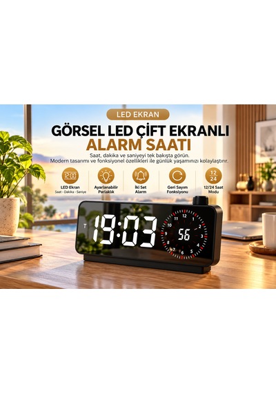 Kenly Dijital Led Çalar Saat Görsel Zamanlayıcı Geri Sayım Çift Alarm Ayarlanabilir Parlaklık Siyah