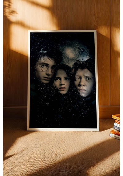 Harry Potter Hermione Ron Çerçeveli Tablo - Lüks Sinematik Üçlü Karakter Posteri Modern Duvar Dekoru Beyaz