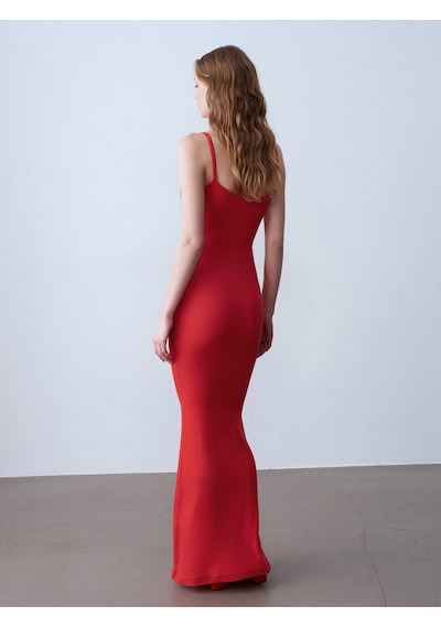 Dilvin 91671 Modal Karışımlı Askılı Uzun Elbise-kırmızı