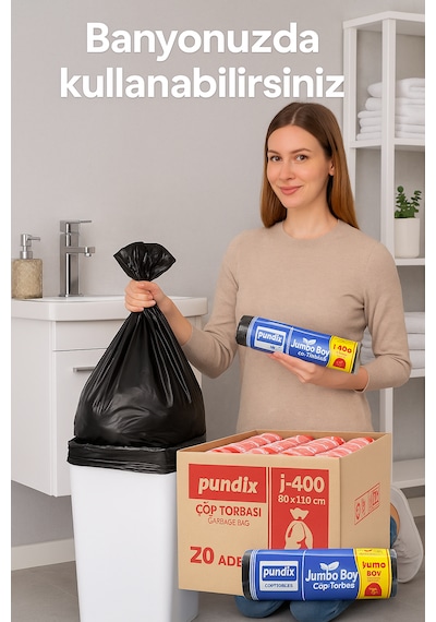Pundix Pundıx J400 Endüstriyel Çöp Poşeti 80x110 Cm Siyah Jumbo Boy Kalın Seri 1 Koli 20 Rulo / 200 Adet Dayanıklı, Sızdırmaz Ve Geniş Hacimli Çöp Torbası