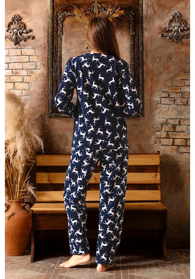 Nisanca Kışlık Kadın Polar Pijama Takımı - Yılbaşı Pijaması Lacivert