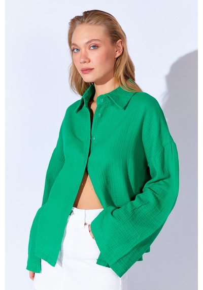 Manche Benetton Kolları Salaş Yıkamalı Müslin Oversize Rahat Kalıp Kadın Basic Gömlek Mks166881-01 Manche Benetton Kolları Salaş Yıkamalı Müslin Oversize Rahat Kalıp Kadın Basic Gömlek Mks166881-01