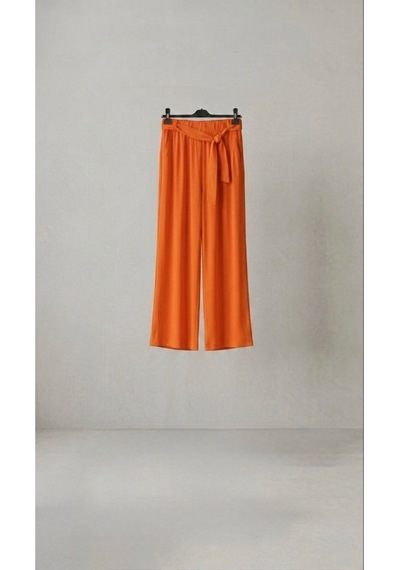 Yüksek Bel Rahat Kesim Kuşak Detaylı Yazlık Viskon Pantalon Turuncu