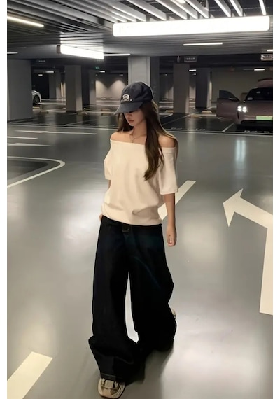 Beyaz 5li Paket Kadın Düşük Omuz Kayık Yaka Oversize T-shirt Beyaz