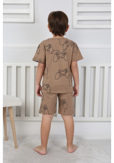 Bunny Hopp Şortlu Erkek Çocuk Pijama Takımı %100 Pamuk Desenli Yazlık 3-8 Yaş Kahve