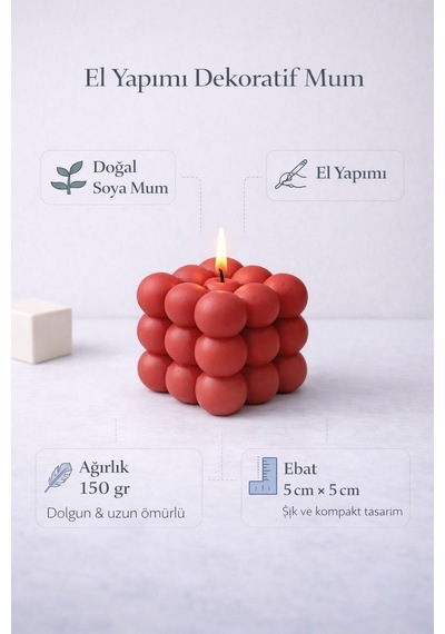 Dekoratif Lüks Soya Mum, El Yapımı Doğal Mum, Uzun Yanma Süreli Ev Hediyesi, Ev Süsü Kırmızı 140 G Kırmızı