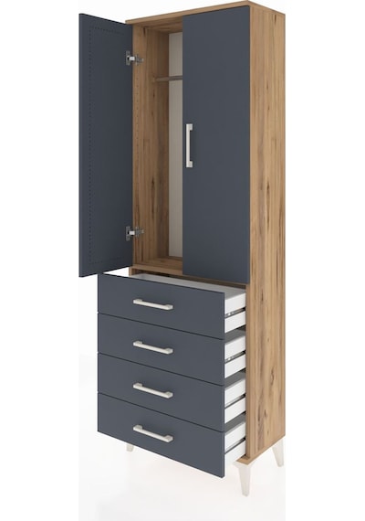 Arges Dolap Tek Raflı 4 Çekmeceli Tek Askılı 60x30x182 Çam-an... Çam