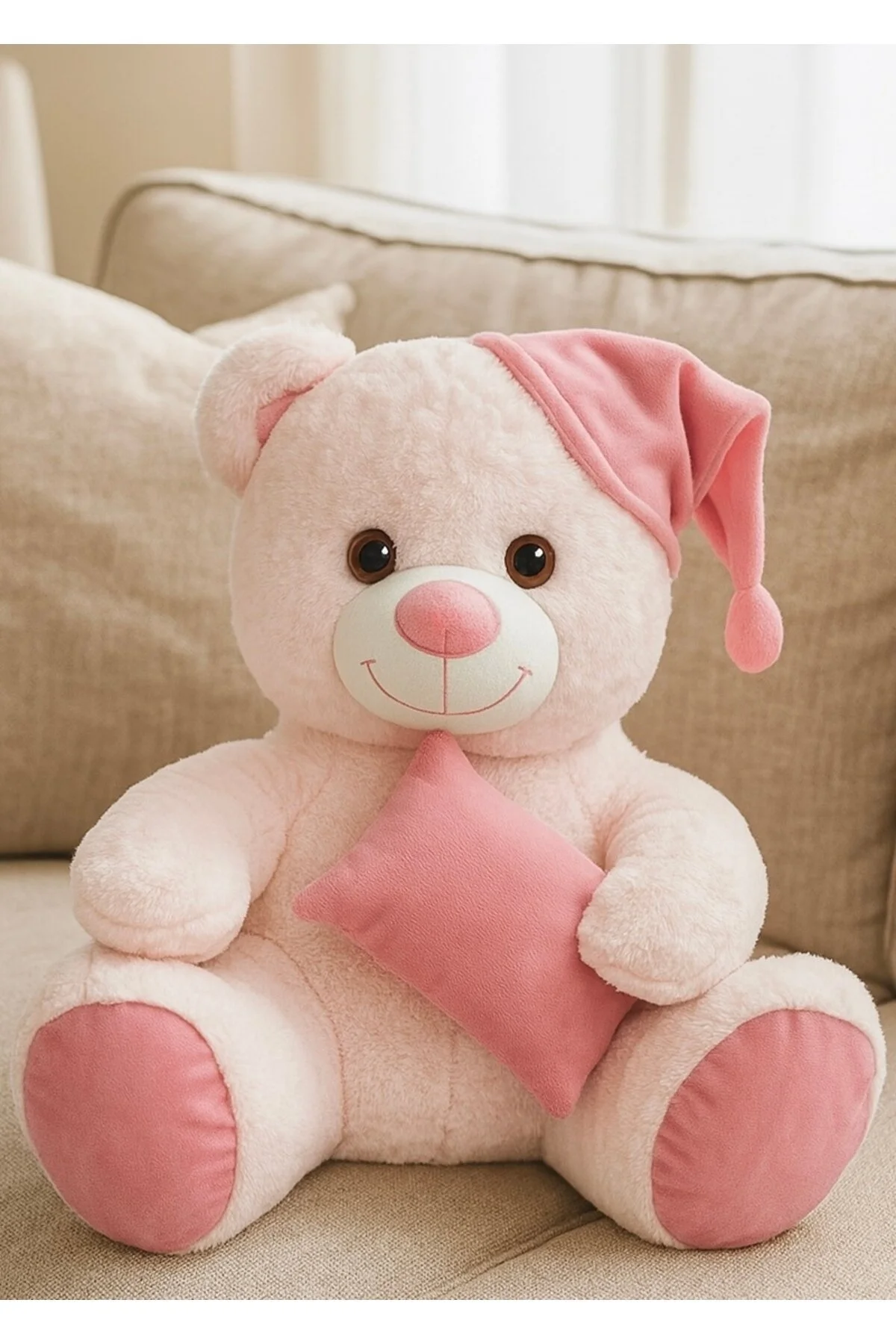 Ayıcık Şapkalı Yastıklı Ayıcık 55cm - Ayıcık & Sevimli Açık Pembe