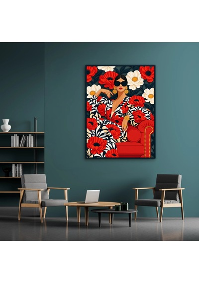 Gelincikler Arasında Gözlüklü Kadın - Metal Tablo - Dec0384 37 X 50 Cm Çok Renkli