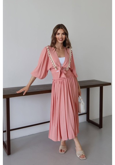 Neşeli Butik Kadın Püskül Detaylı Yırtmaçlı Bohem Takım Nbnp015 Pembe