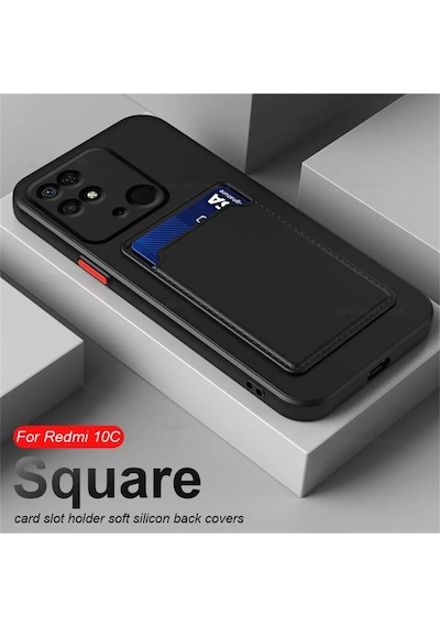 Fibaks Redmi 10c/poco C40 Uyumlu Kılıf Kamera Korumalı Arkası Kartlıklı Cüzdanlı Kırmızı Tuşlu Siyah Silikon Kapak