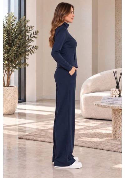 Genel Markalar Kadın Lacivert Dik Yaka Fermuarlı Slim Fit Üst Bol Paça İkili Eşofman Takımı Genel Markalar Kadın Lacivert Dik Yaka Fermuarlı Slim Fit Üst Bol Paça İkili Eşofman Takımı
