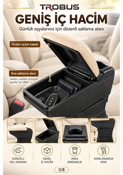 Trobus Dacia Lodgy 2012-2022 Uyumlu Ayarlanabilir Ayaklı Kolçak Kol Dayama Bardaklıklı Bej Siyah