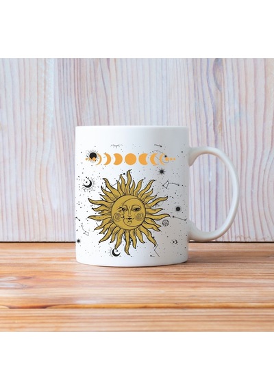 Mistik Tarot Güneş Ve Ay Tasarımlı Porselen Kupa Beyaz