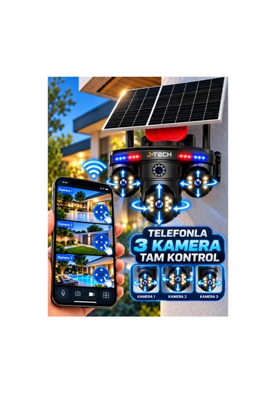 J-tech Solarmax-3ptz 4k 3 Kamera 4g Solar Sim Ptz Sesli Akıllı Takip Zoom Güvenlik Kamera 7/24 Korum