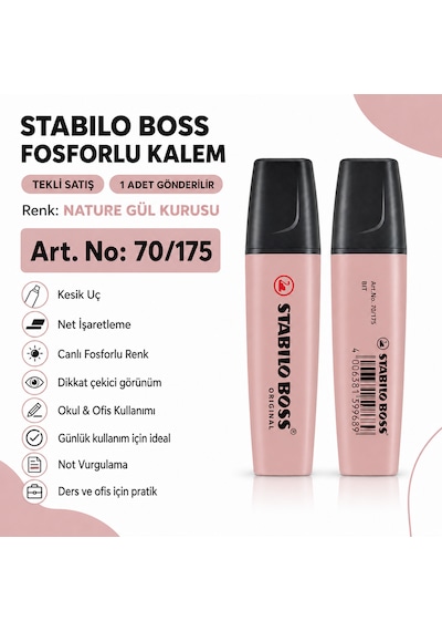 Boss Fosforlu Kalem 1 Adet Metin İşaretleme Kalemi Gül Kurusu