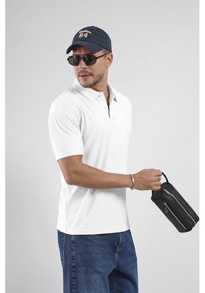 Polo Yaka Regular Kalıp Çizgili Erkek Basıc Tişört Beyaz