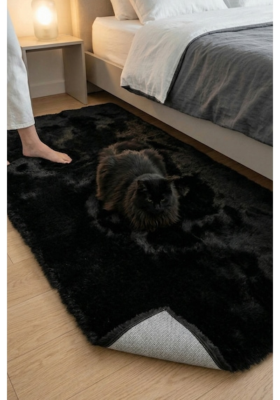 Yüksek Kalite Ekstra Yumuşak Kaymaz Özel Tabanlı Tavşan Peluş Halı Siyah