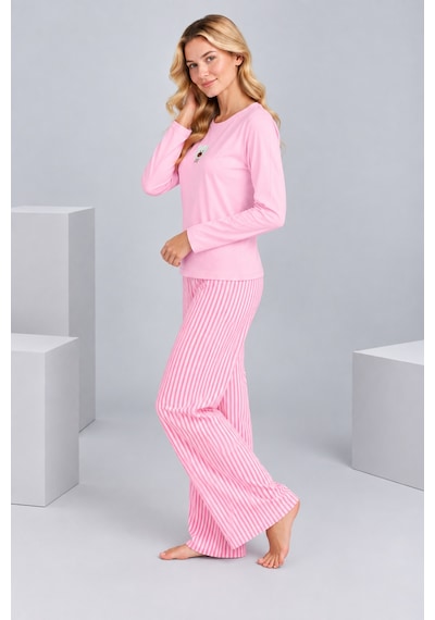 Pijamask Kadın Pembe Ayıcık Detaylı Çizgili Bol Paça Pamuklu Pijama Takımı Pudra
