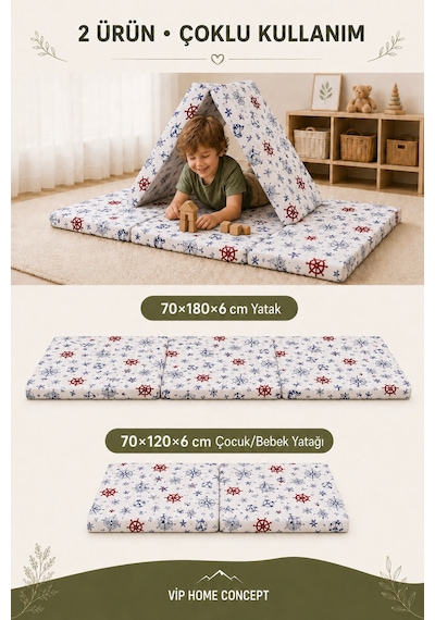2'li Katlanabilir Çocuk Oyun Minderi Ve Yer Yatağı Seti 70x180 + 70x120 CM 6 CM - Marin