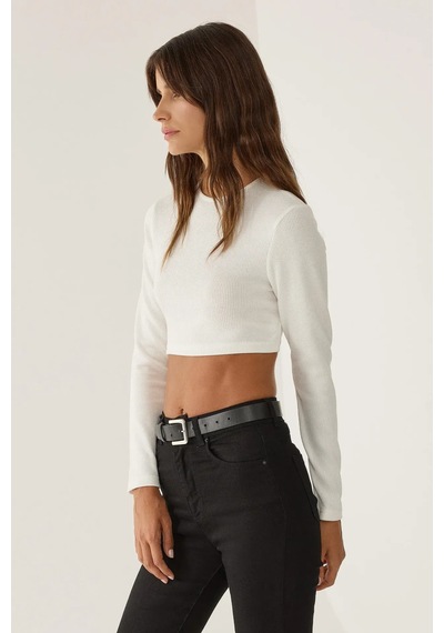 Hiccup Slim Fit Örme Crop Bluz Tozlu Beyaz