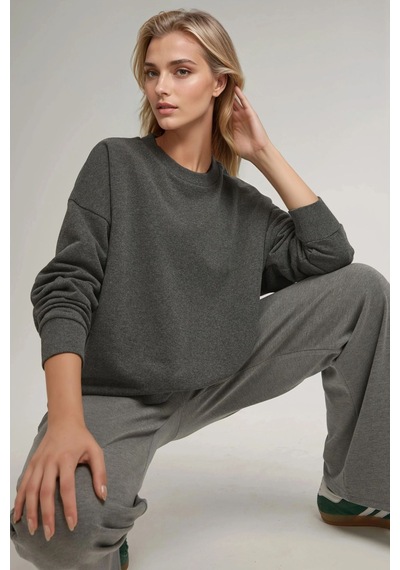 Hiccup Oversize Bisiklet Yaka Basic Sweatshirt Arduvaz Grisi