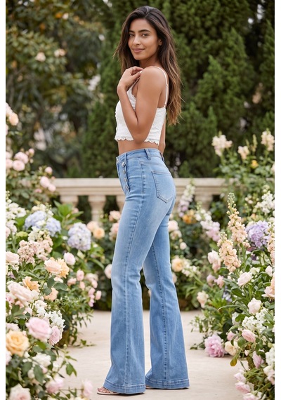 Soulshae Yüksek Bel Düğmeli Cepli Denim Pantolon Mavi