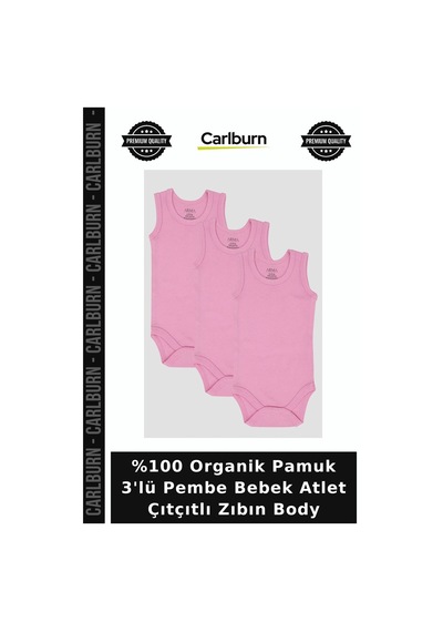 Carlburn Delux Serisi %100 Organik Pamuk 3'lü Pembe Bebek Atlet Çıtçıtlı Zıbın Body Yenidoğan