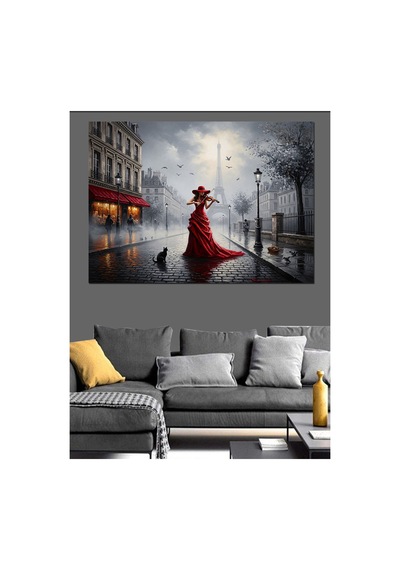 Yağmurlu Paris Caddesi Kırmızı Elbise Yağlı Boya Dokulu Kanvas Tablo Canvas Tablosu