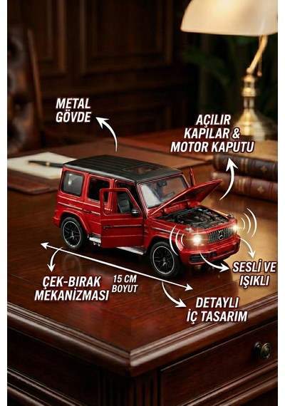 1:32 Metal Çek Bırak Mercedes G65 Kırmızı Sesli Ve Işıklı Kapıları Açılan Oyuncak Arazi Aracı