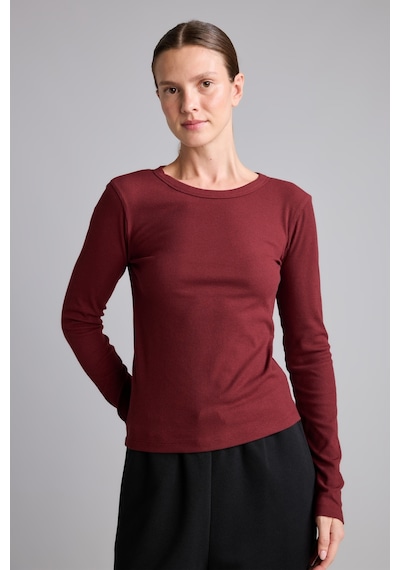 Defacto Slim Fit Bisiklet Yaka Fitilli Kaşkorse Uzun Kollu Basic Tişört I4450ax26aubr115 Bordo-br115