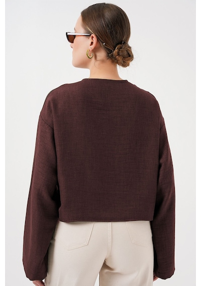 Hiccup Bdart Keten Karışımlı Bağlama Detaylı Uzun Kollu Kimono Mocha Kahvesi