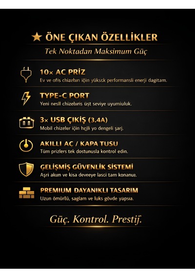 10'lu Priz, 3 Usb, 3.4 Amper, 1 Type-c Girişli 16a Akım Korumalı Uzatma Kablolu Priz Çoklayıcı 1 - 3 M
