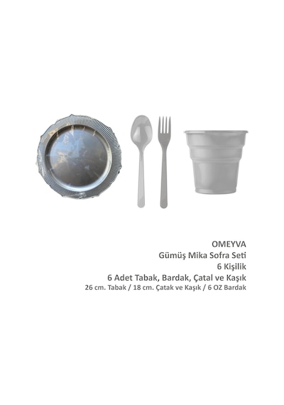 Omeyva 26 Cm. Mika Plastik Gümüş Sorfa Piknik Seti - 6 Kişilik Tabak Bardak Çatal Kaşık Takımı Gri