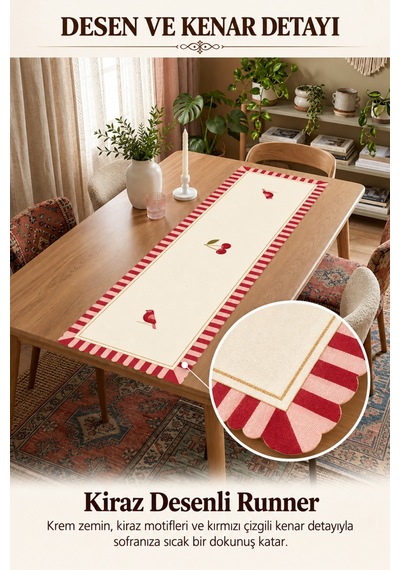 Vivanni Home Yıkanabilir Dikdörtgen Runner Günlük Kullanıma Uygun, Pratik Ve Uzun Ömürlü Kiraz Beyaz