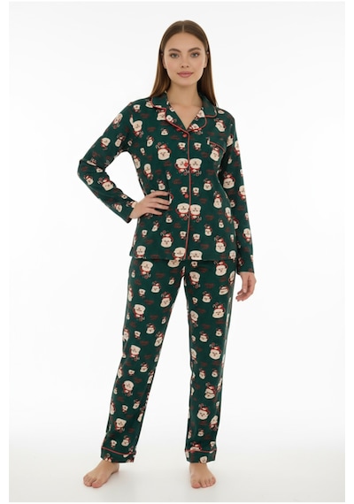 Luxury Soft Yeşil Noel Baba Desenli Uzun Kollu Kadın Pijama Takımı 3023 Turkuaz
