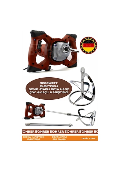 Böhrer Alman HB0404T 3200W Devir Ayarlı Çift Şanzıman Yeni Nesil Elektrikli Boya Harç Çok Amaçlı Red Karıştırıcı