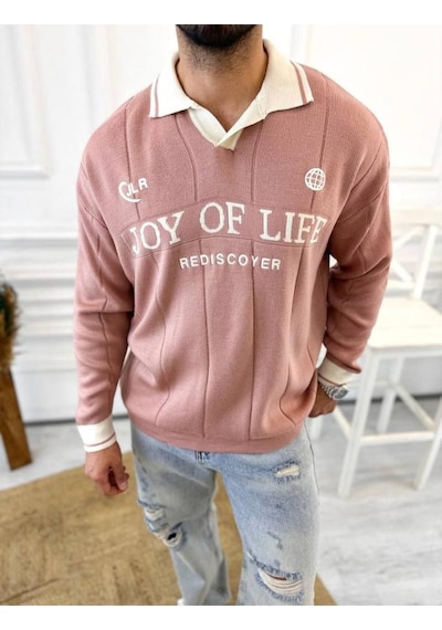 Kazak Oversize Polo Yaka Desenli Triko Yumuşak Dokulu Tüylenmez Salaş Nakış Detaylı Sweatshirt Ekru Kazak Oversize Polo Yaka Desenli Triko Yumuşak Dokulu Tüylenmez Salaş Nakış Detaylı Sweatshirt Ekru