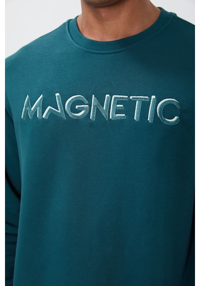 Tommy Life Zümrüt Yazı Nakışlı O Yaka Rahat Form İçi Polarlı Erkek Sweatshirt - 88020 Zümrüt