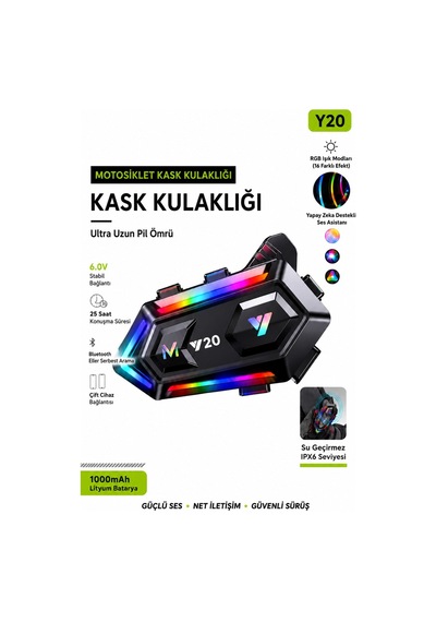 Blic Y20 Motosiklet Kask Intercom Bluetooth 5.3 1000 Mah, Ipx6 Su Geçirmez, 16 Mod Işıklı, Type-c