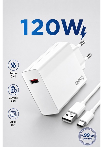120w Süper Hızlı Şarj Adaptörü Type-c Kablo Dahil Akıllı Çipli Güvenli Şarj Cihazı