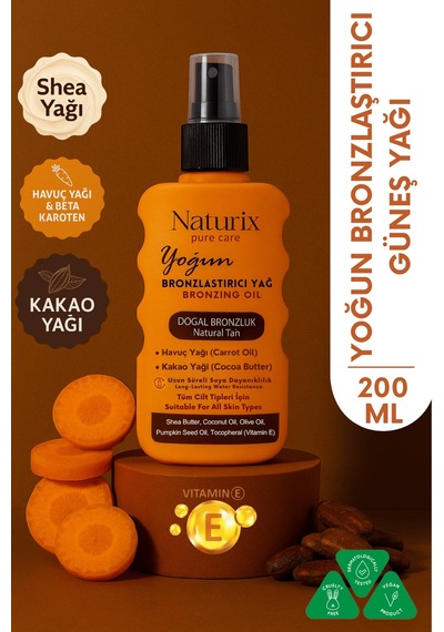 Yoğun Bronzlaştırıcı Yağ Havuç & Kakao Yağı, Shea Butter, Vitamin E, Tüm Cilt Tiplerine Uygun Sprey 200 Ml